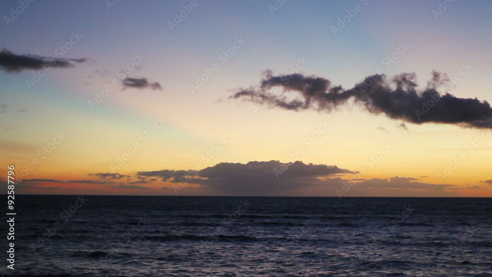 Beautiful Sunset Horizontal Pan Over Hawaiian Islands and Pacific Ocean. Amazing Seascape Landscape Colorful Sky. Beautiful Sunset Horizontal Pan Over Hawaiian Islands and Pacific Ocean. Amazing Seascape Landscape Colorful Sky.
