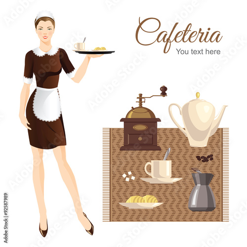Waitress or maid in french style clothes. Coffee equipment on carpet. Coffee mill, coffee, sugar, croissant, cup of coffee with spoon