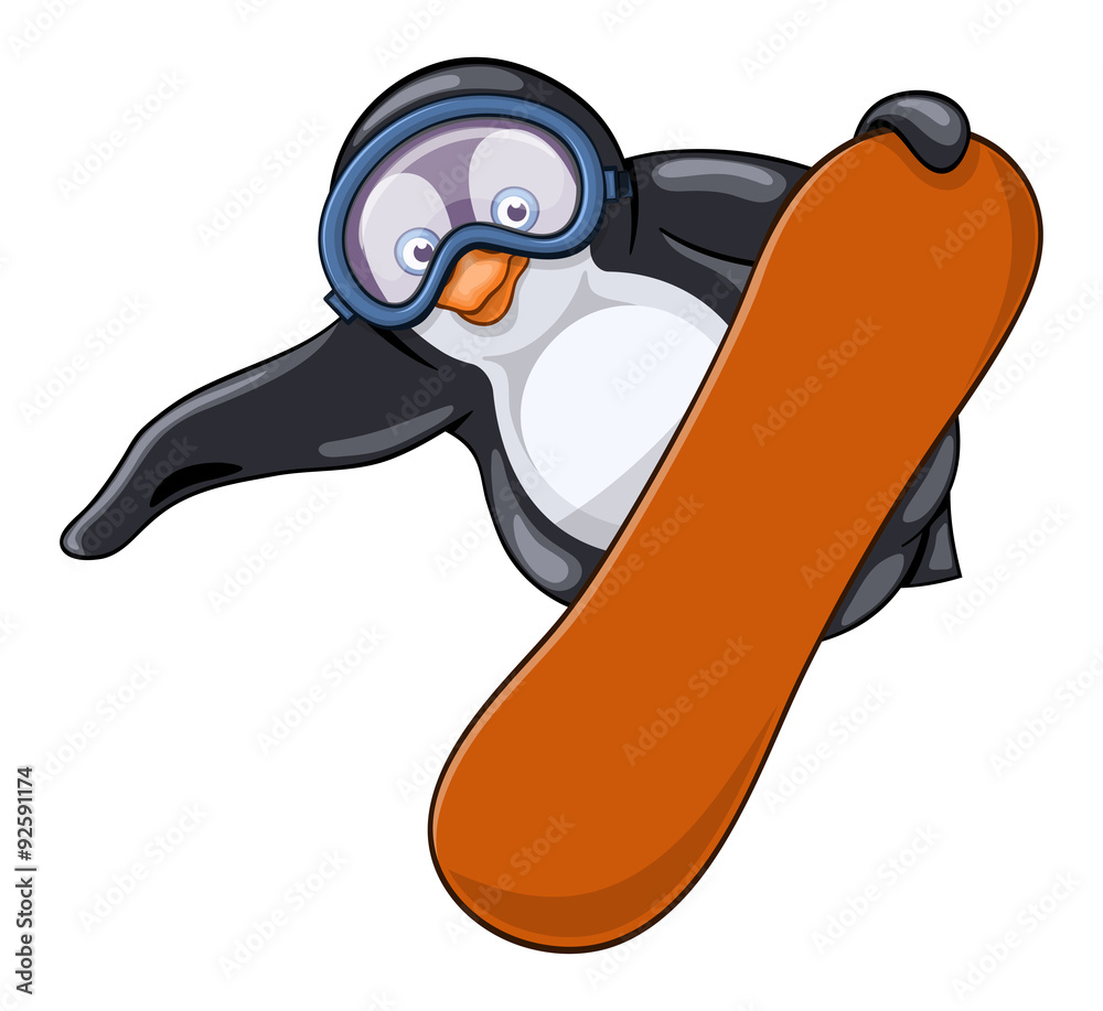Fototapeta premium Fat penguin in protective spectacles makes breathtaking jump on the snowboard. Funny cartoon character