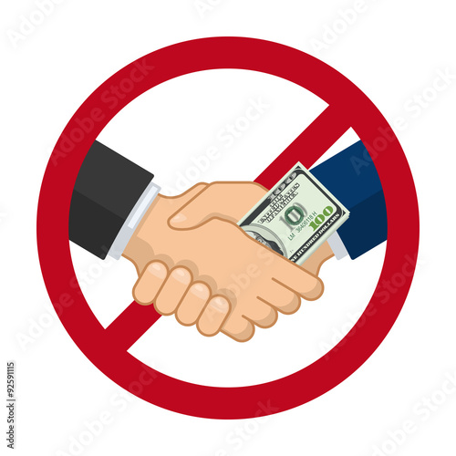 Handshake with bribe over prohibitive sign. No corruption concept