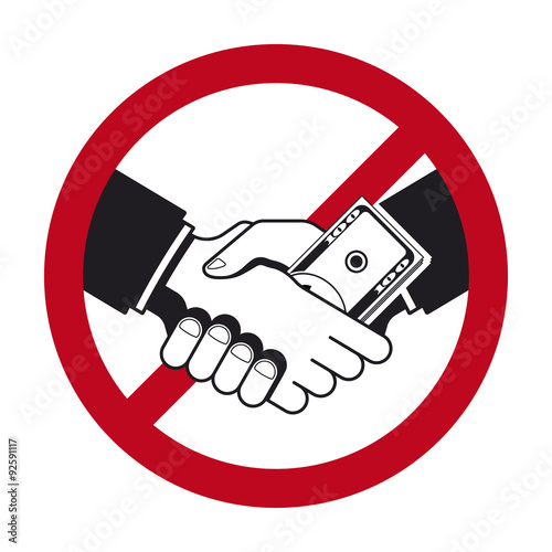 Handshake with bribe over prohibitive sign. No corruption concept photo