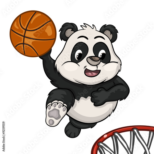 Fototapeta Naklejka Na Ścianę i Meble -  Funny cartoon little panda in a jump will ready to throw the ball into the basket