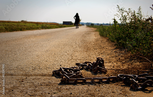 Rusty Metal Chain on Concrete Floor-Breaking Free Concept