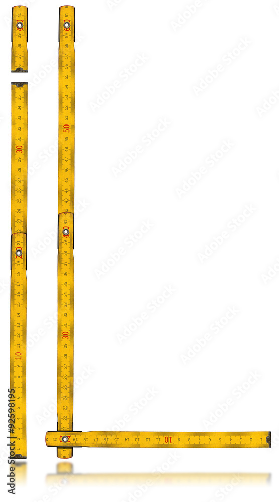 Font I and L - Old Yellow Meter Ruler / Old wooden yellow meter in the shape of letter I and L. Isolated on white background. Font I and L - Old Yellow Meter Ruler / Old wooden yellow meter in the shape of letter I and L. Isolated on white background.