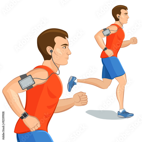 Jogging sporty man, training with smart device