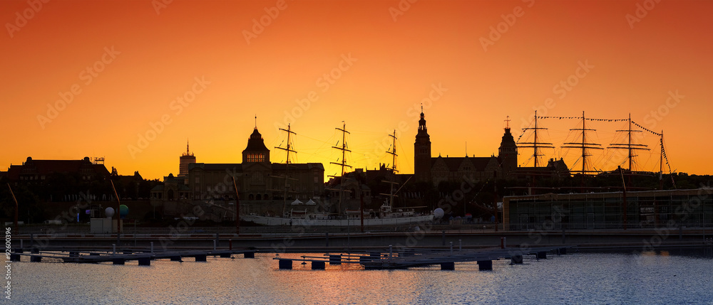 Silhouette of Szczecin (Stettin) City waterfront after sunset, Poland.