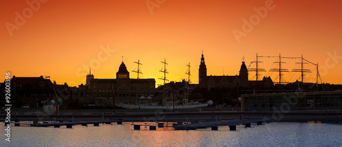 Silhouette of Szczecin (Stettin) City waterfront after sunset, Poland.