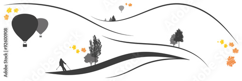 Panorama | Herbstliche Berglandschaft mit Skifahrer und Heißluftballons
