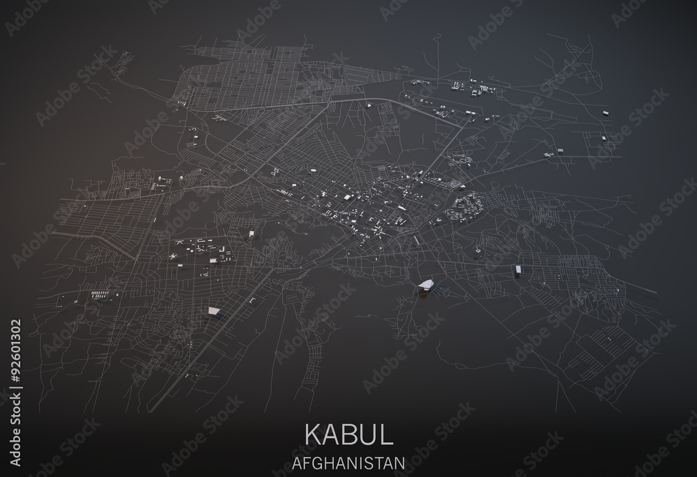 Fototapeta premium Cartina Kabul, vista satellitare, sezione 3d, Afghanistan