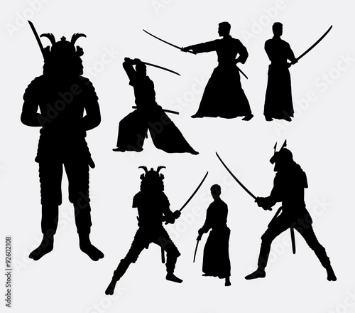 Samurai, male japanese warrior silhouettes. Good use for symbol, logo, web icon, mascot, or any design you want. Easy to use.