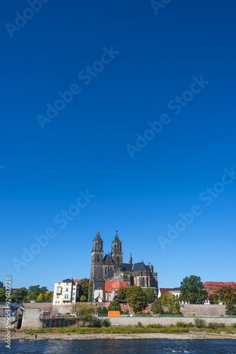 Old Cathedral and river Elba in Magdeburg, Autumn