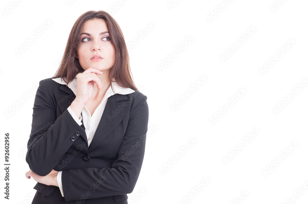 Beautiful and smart business woman thinking isolated on white Beautiful and smart business woman thinking isolated on white