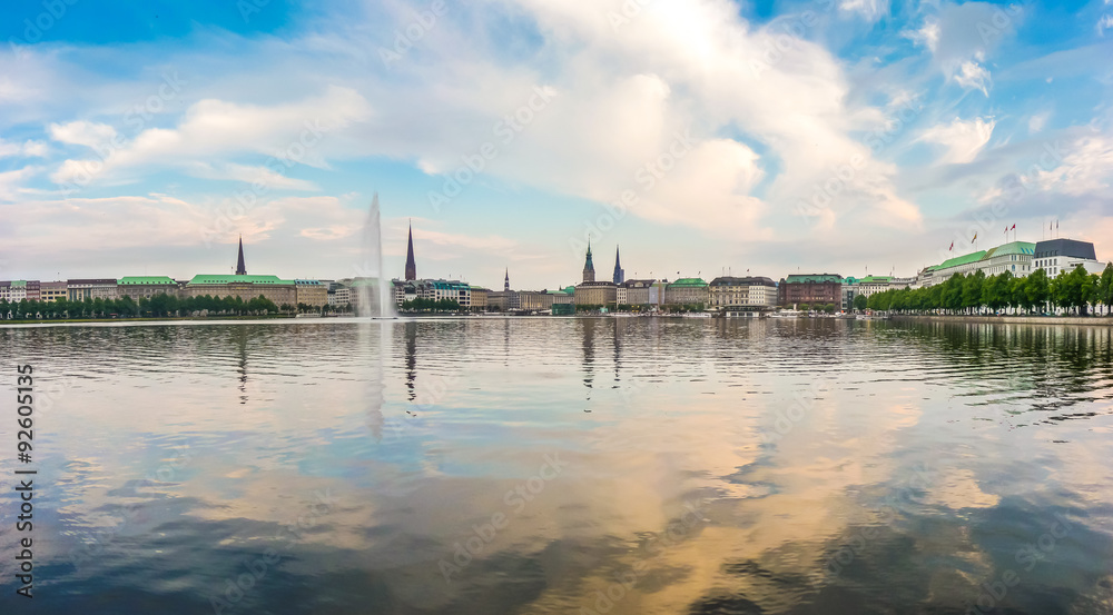 Obraz premium Hamburg Binnenalster lake panorama at sunset, Germany