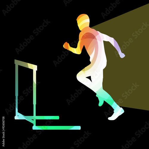 Athlete jumping hurdle, man silhouette, illustration, vector bac