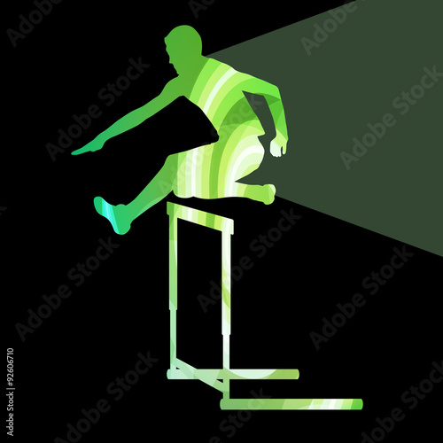 Athlete jumping hurdle, man silhouette, illustration, vector bac