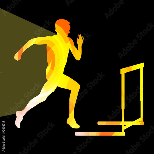Athlete jumping hurdle, man silhouette, illustration, vector bac