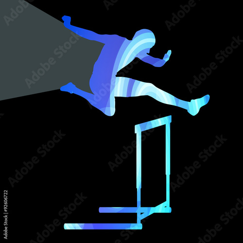 Athlete jumping hurdle, man silhouette, illustration, vector bac