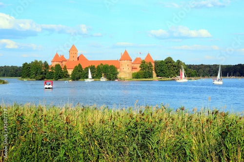 Galves lake,Trakai old red bricks castle view photo