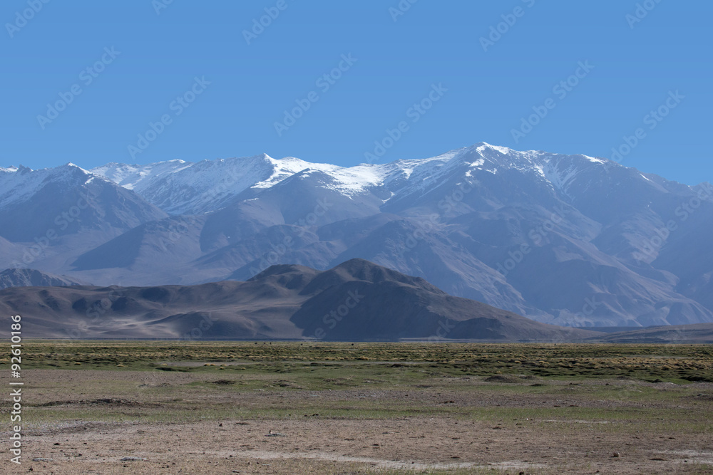 Pamir mountains view in spring season. Tajikistan. Selective foc