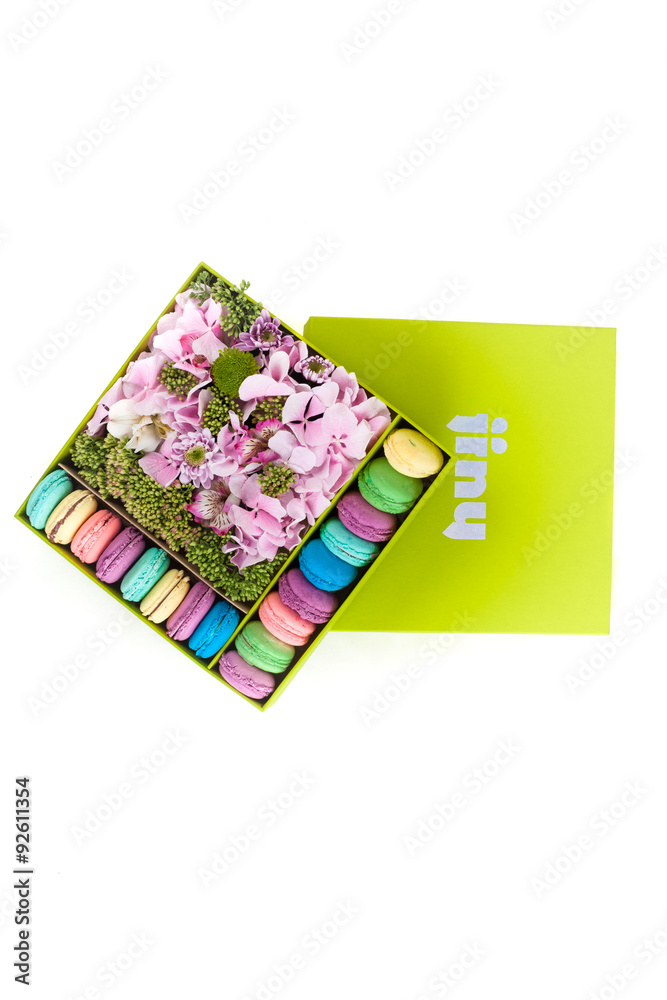 Gift box with flowers and macaroon, alstroemeria, hortensia and