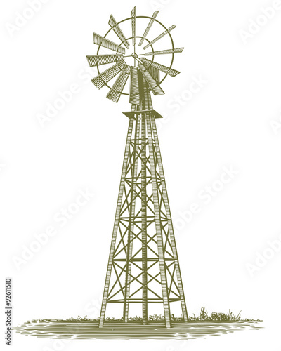 Woodcut-style illustration of an old farm windmill.