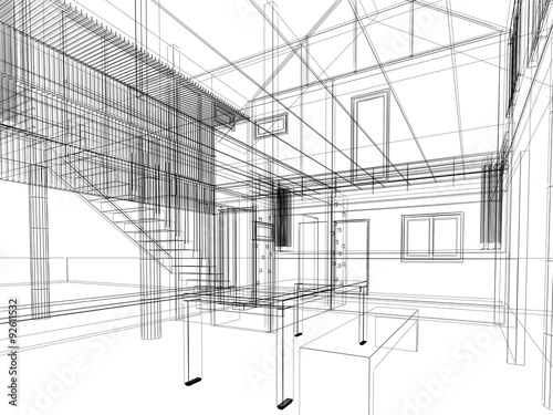 sketch design of living ,3dwire frame render