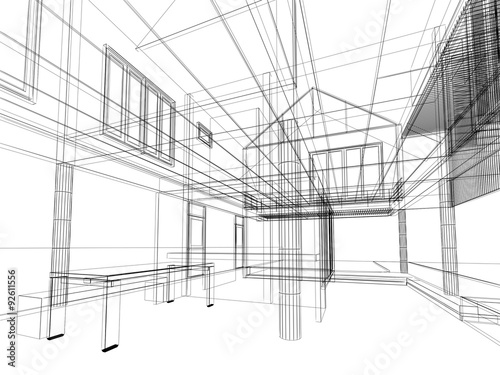 sketch design of living ,3dwire frame render