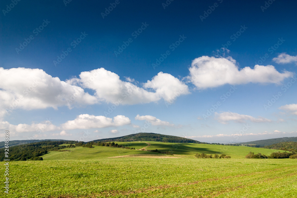 Amazing summer countryside under blue sky with clouds