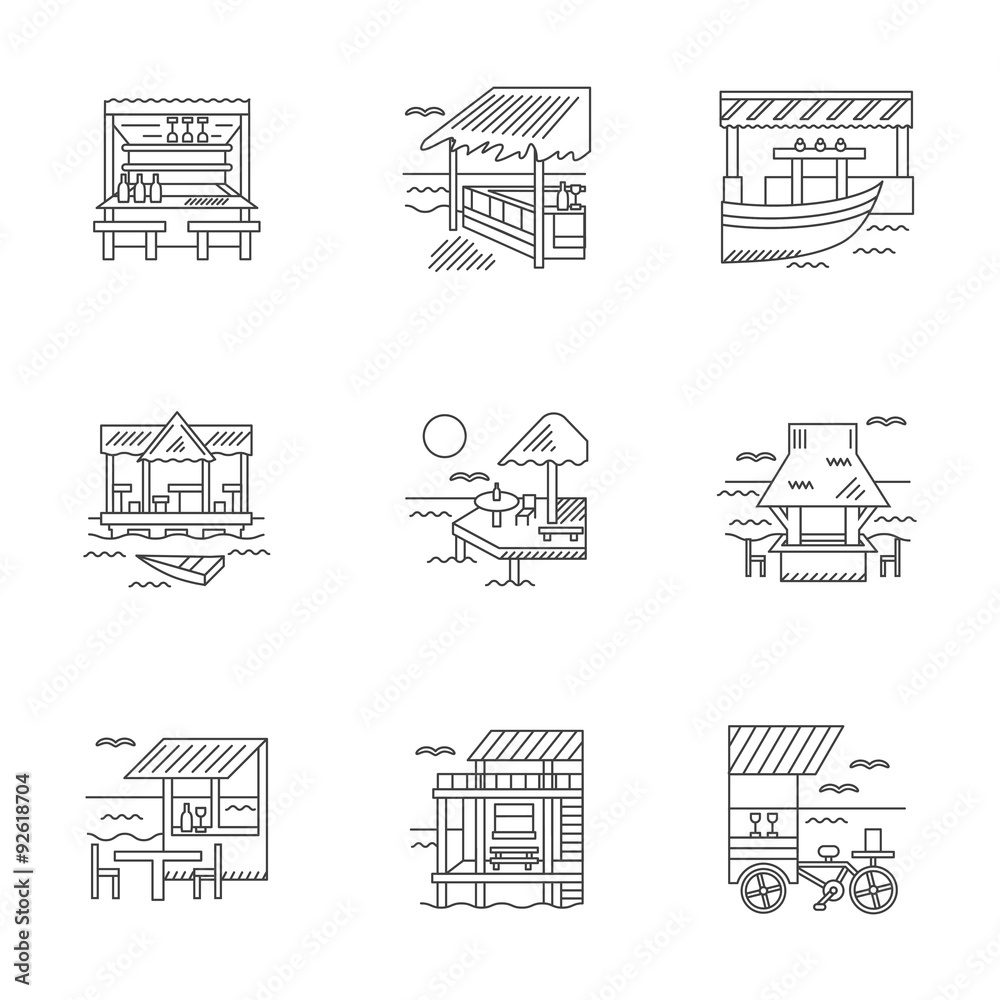 Cafe and bungalows linear icons set