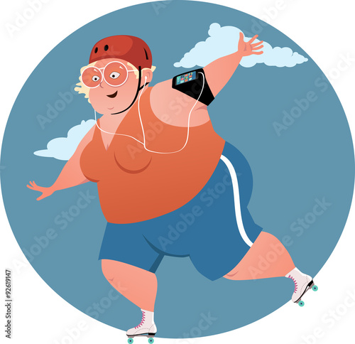 Happy confident overweight lady in a helmet with a smartphone riding roller skates, vector illustration, EPS 8, no transparencies