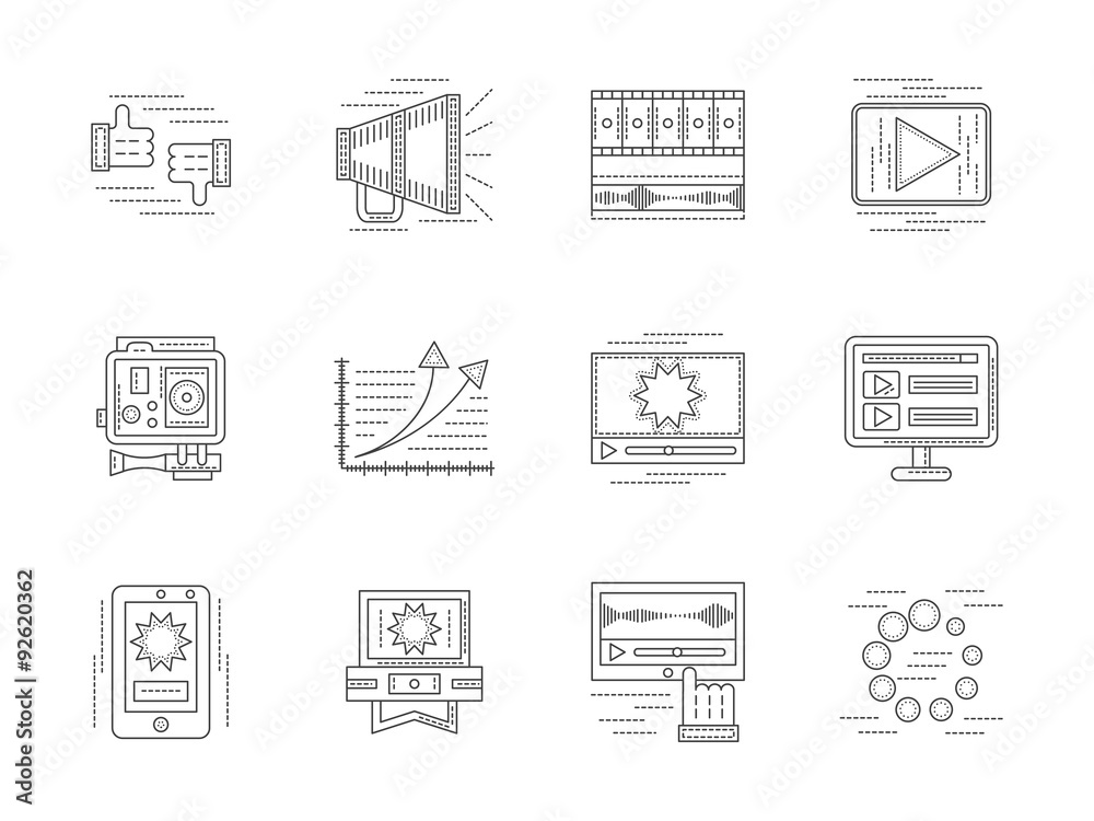 Linear vector icons set for video blogging