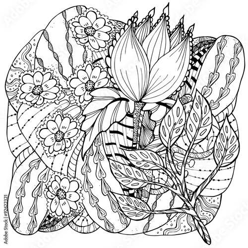 Vector pattern for coloring book. Ethnic retro design in zentangle style with floral elements,Black line art on white background.