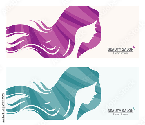 Banner or business card stylized woman profile for beauty salon/Illustration of template banner or business card stylized long-haired woman for beauty salon #92623589