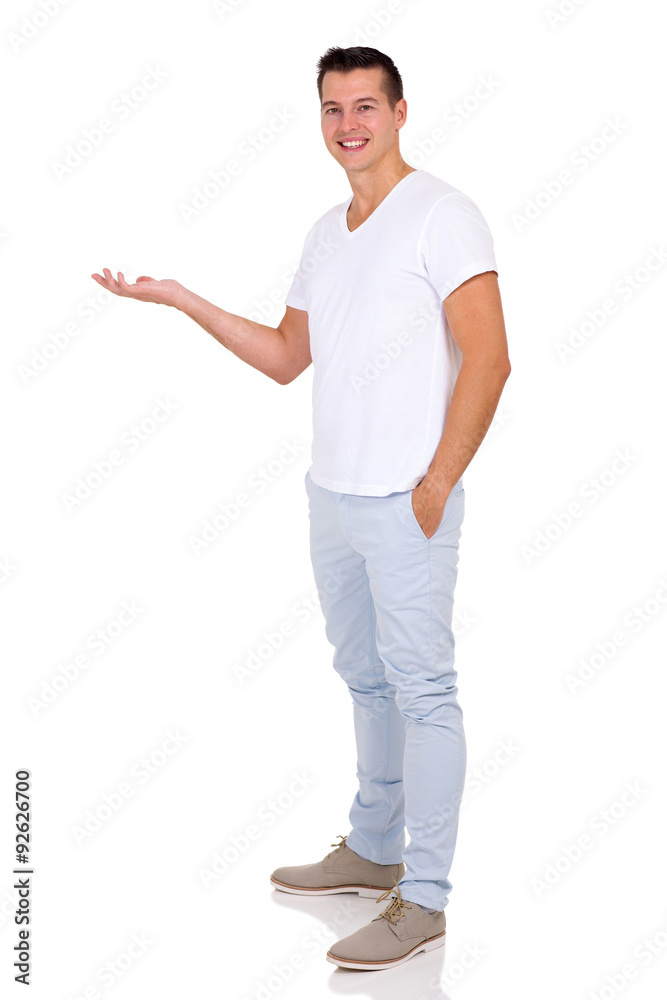 man showing empty space man showing empty space