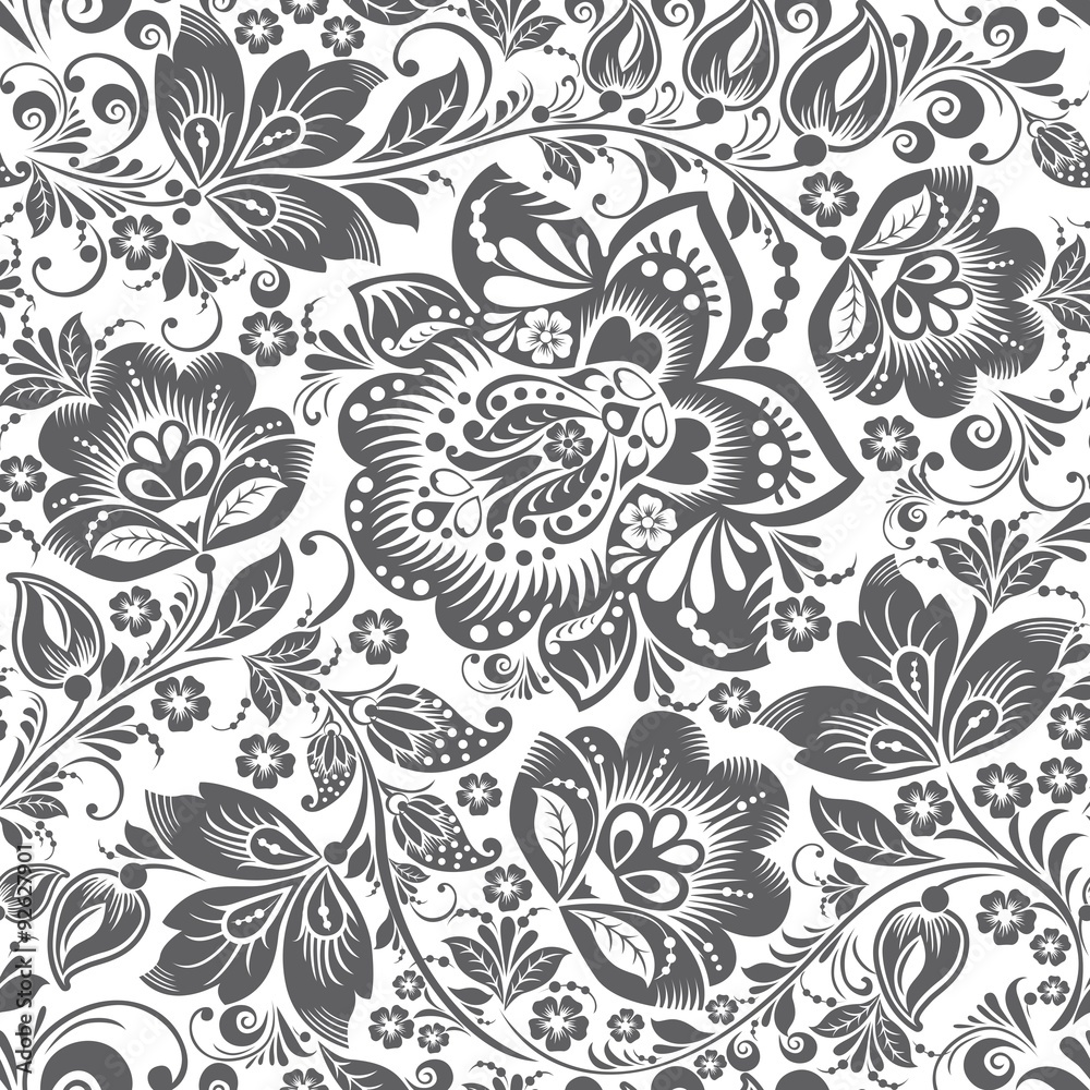 Grey Ornamental Flowers Seamless Pattern