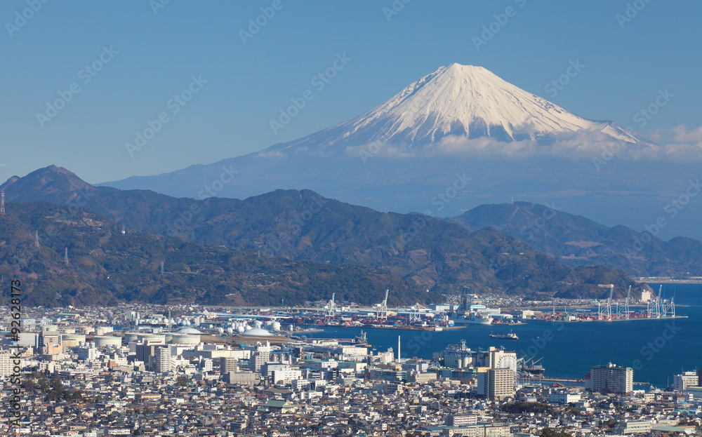 Mountain Fuji and Shimizu sea port at Shizuoka prefecture