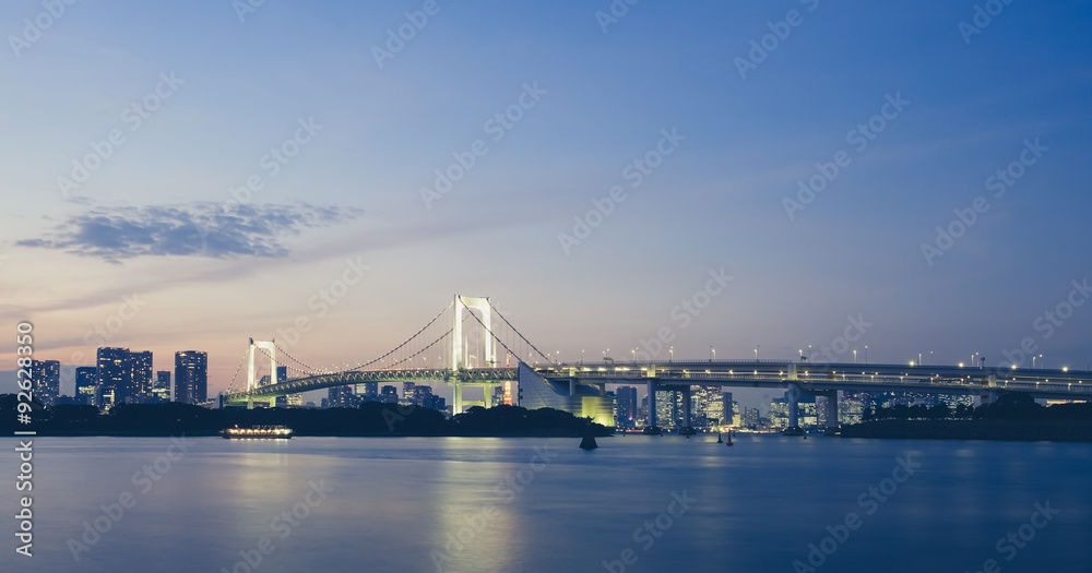Tokyo bay and Tokyo rainbow bridge in evening