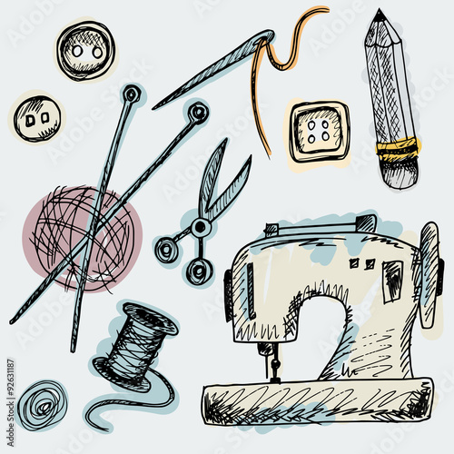 Set of cute isolated Sewing Supplies in doodle style