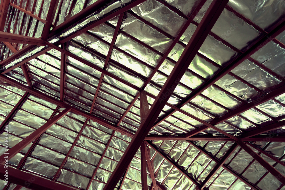 roof with steel beam and silver foil insulation heat on ceiling