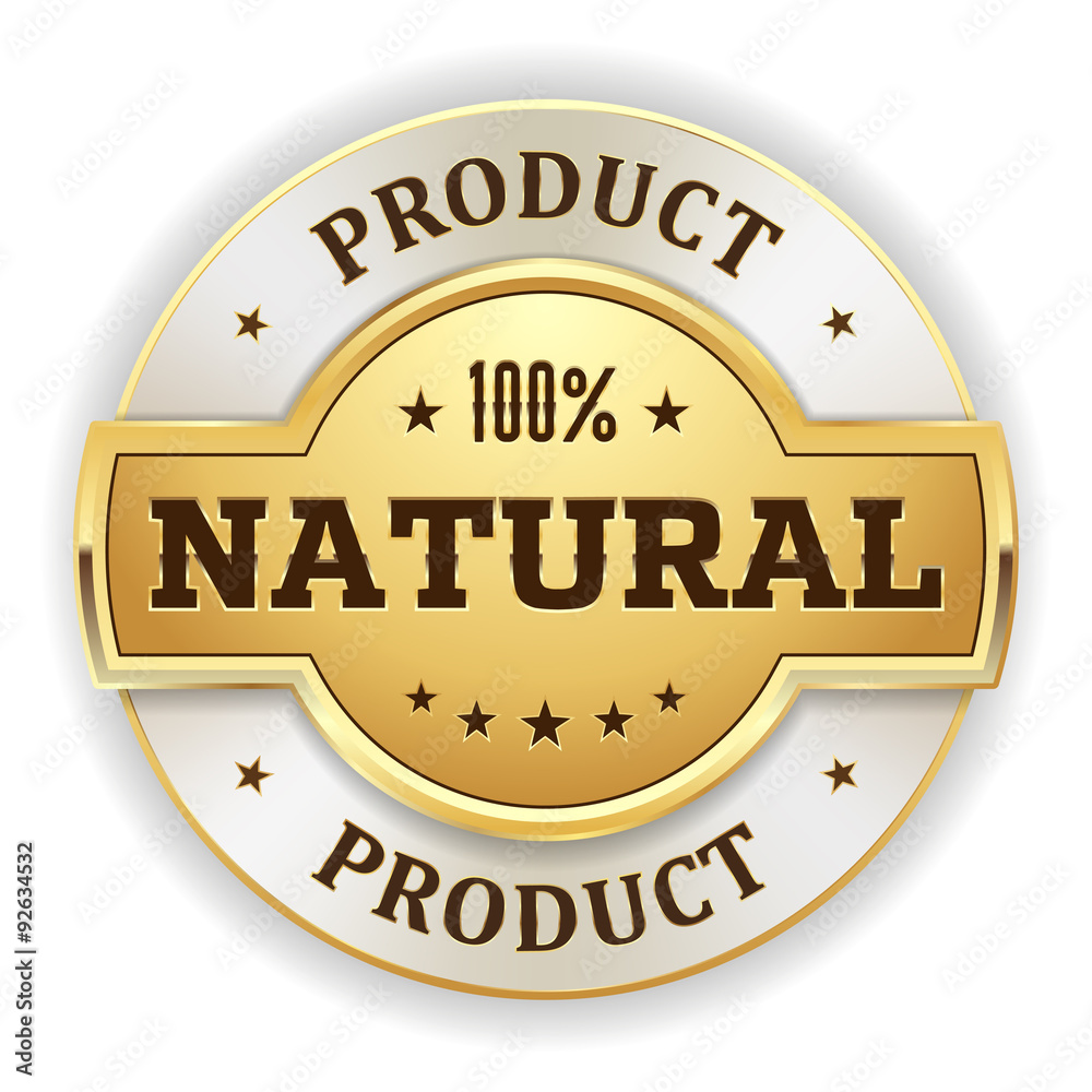 Gold natural product badge on white background