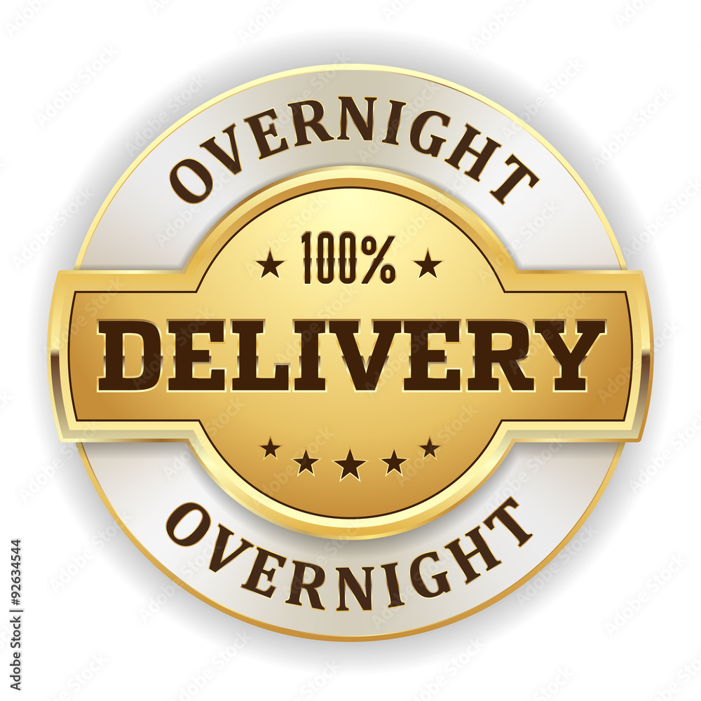 Gold overnight delivery badge on white background