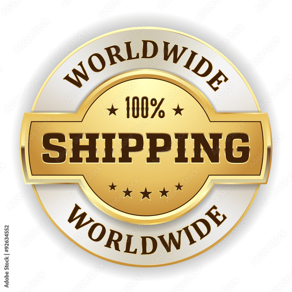 Gold worldwide shipping badge on white background