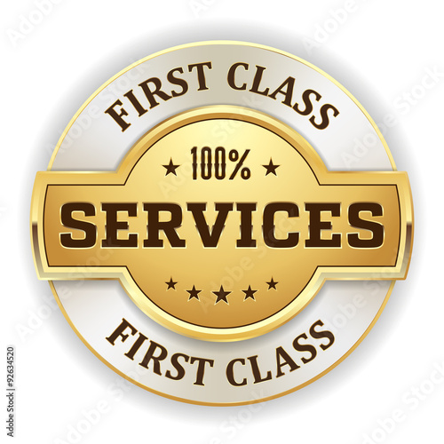 Gold first cass services badge on white background