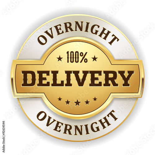 Gold overnight delivery badge on white background