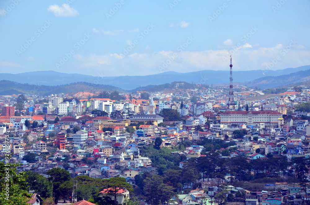 Cityscape of Dalat, Vietnam. Bird's eye view on the city.  Dalat is also called Little Paris of Vietnam