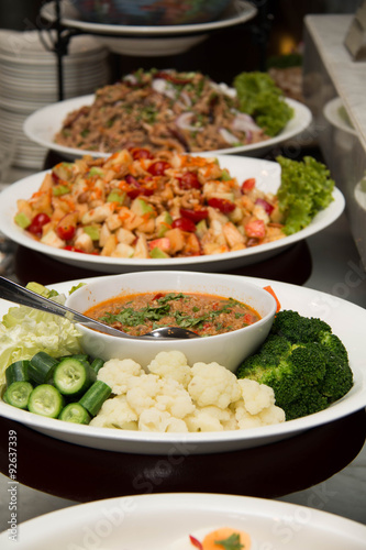  Variety of fresh salads on buffet line © mitrs3