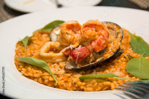  Risotto, rice with seafood, food closeup