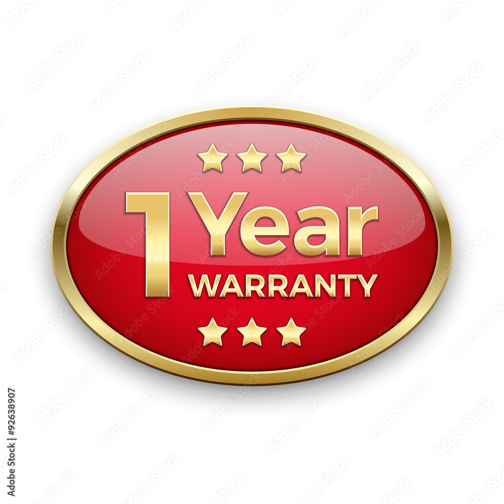 Red warranty button in golden frame Red warranty button in golden frame