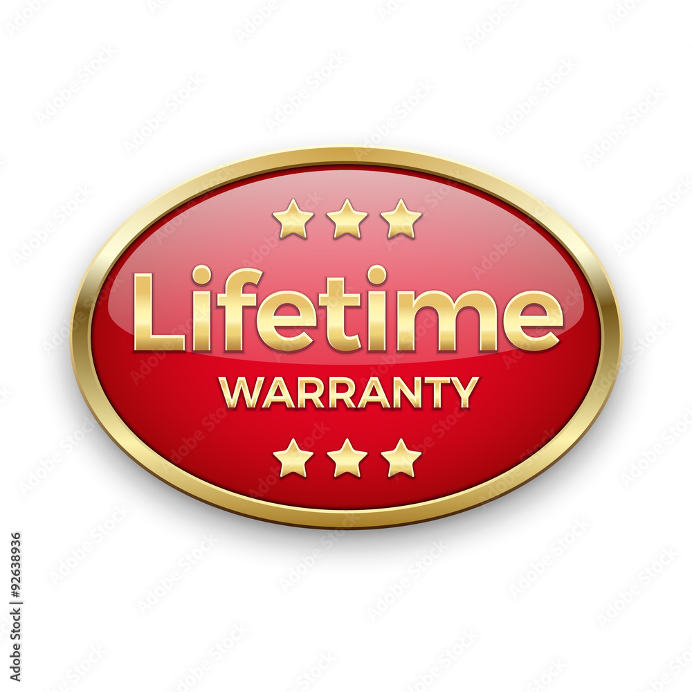 Red warranty button in golden frame