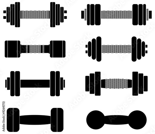 A collection of black dumbbells isolated on white background, fully editable, nets on handles easily removed in vector programs